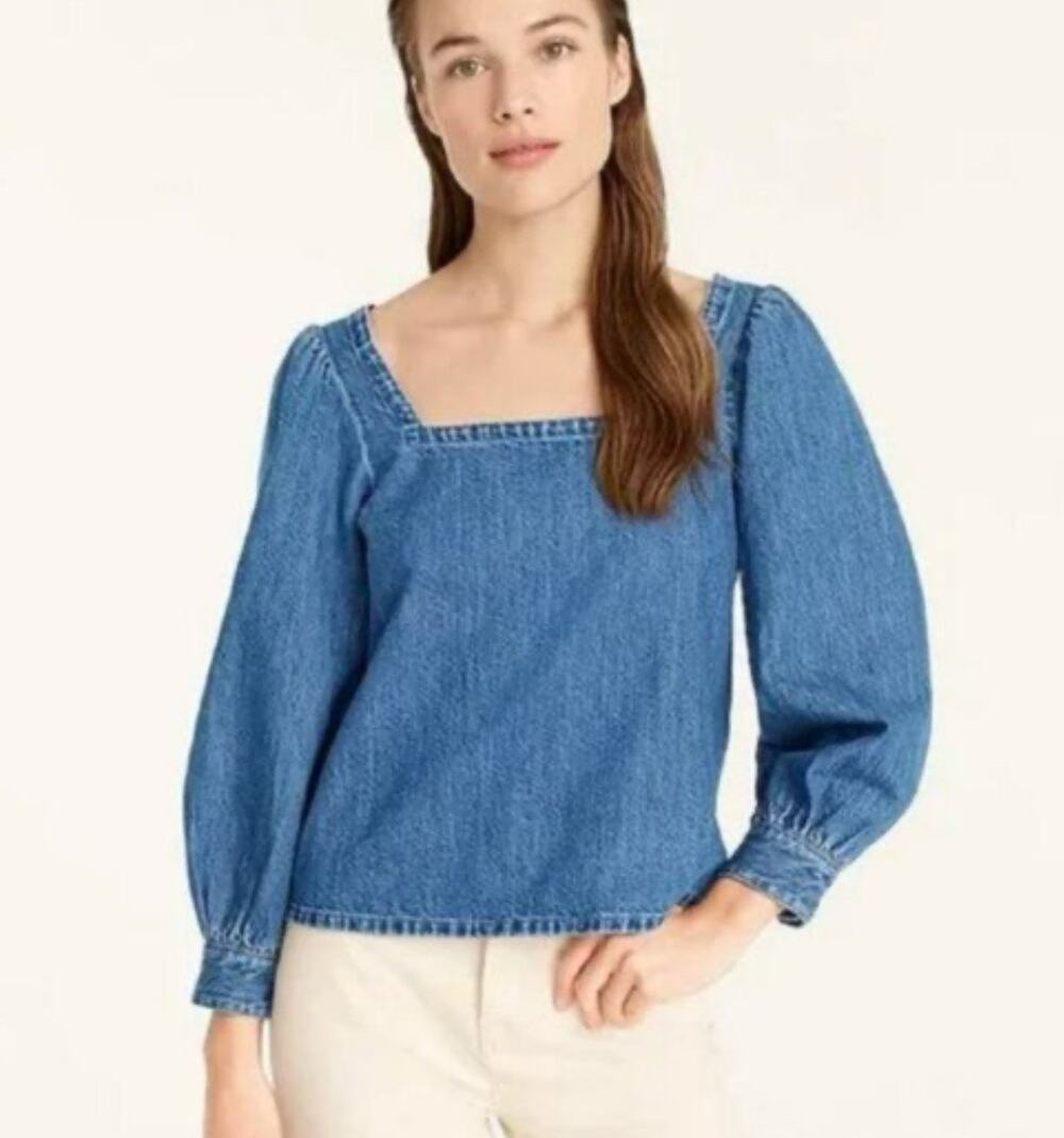 NWT J.Crew Square Neck Chambray Blouse Cottagecore Puff Sleeve Denim Top M